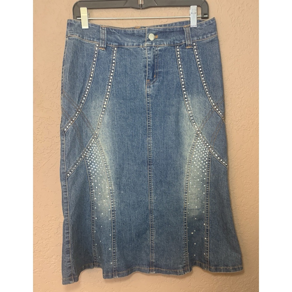 CACHE Rhinestone Cowgirl Western Bead Dazzler Denim Blue Jean Midi Skirt Sz 6